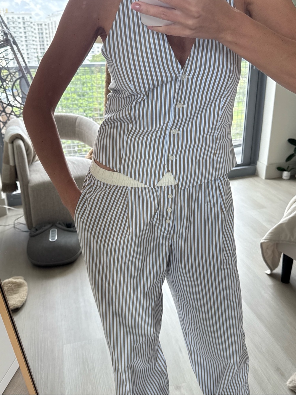 Zara Cream & Gray Striped Straight-Leg Jumpsuit